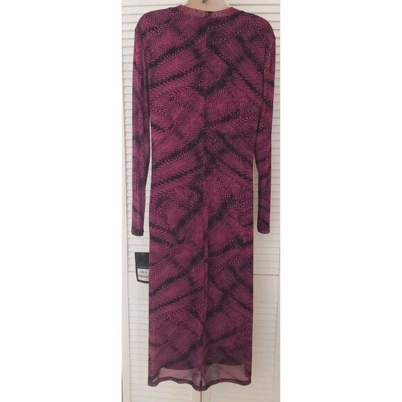 NWT NINE WEST LONG SLEEVE RUCHED SIDE PRINTED MESH DRESS MAGENTA BLACK SZ 12 - Picture 5 of 9